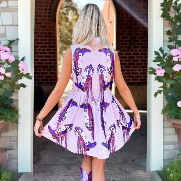 Queen of Sparkles Dress Purple Sequin Cowboy Boot Fringe XS Mini Fairy Pockets - Picture 2 of 15